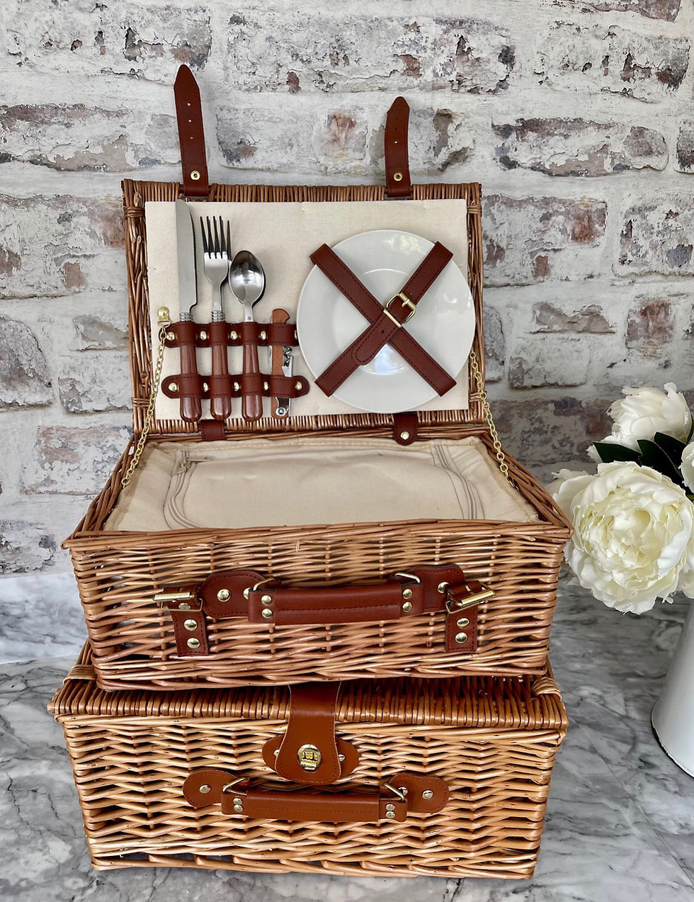 Thumbnail: Classic white luxury woven wicker picnic hamper for two with tan handles, plates, cutlery, acrylic glasses, cooler compartmen