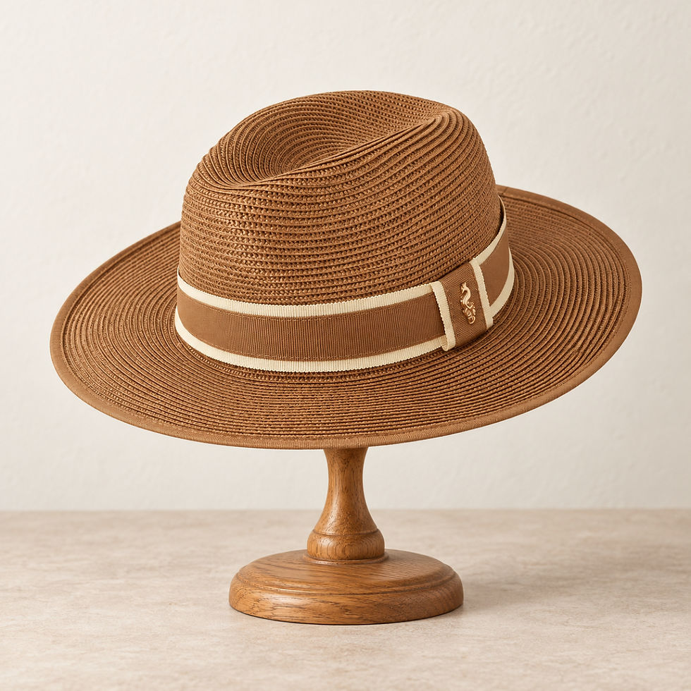 Horton's England tan woven summer fedora hat with cream and brown ribbon band, displayed on an oak wooden hat stand
