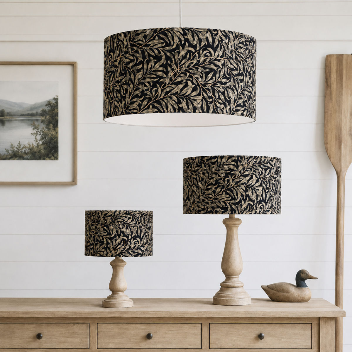 william morris bough ebony black willow lampshades drum lampshades 20cm, 30cm and 40cm