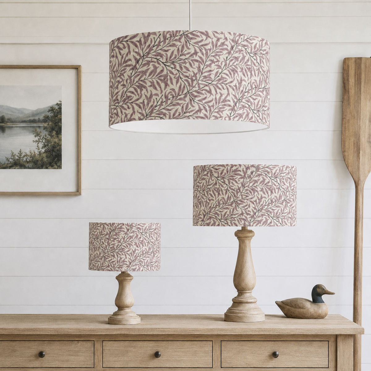 william morris willow bough rose pink candle clip lampshades and drum lampshades set within the lakehouse