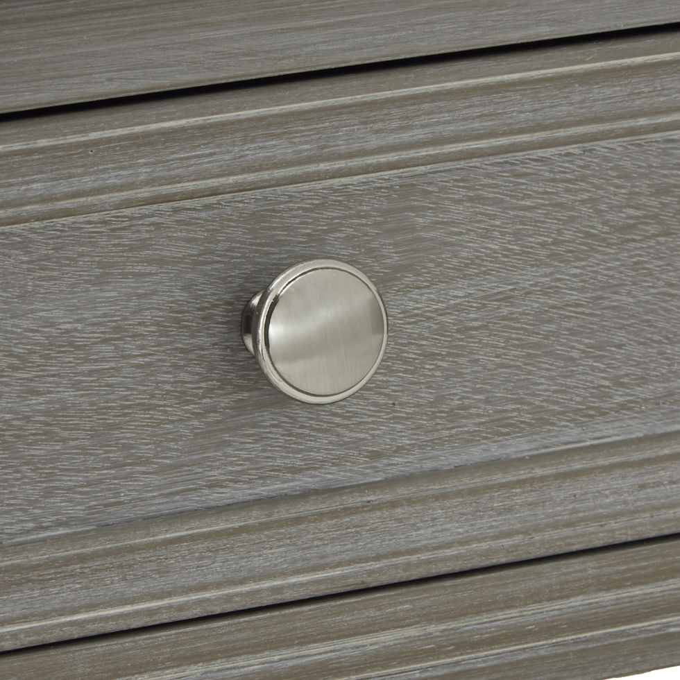Thumbnail: Close-up of grey washed wooden console table showing two framed storage drawers, brushed silver knobs and subtle distressed