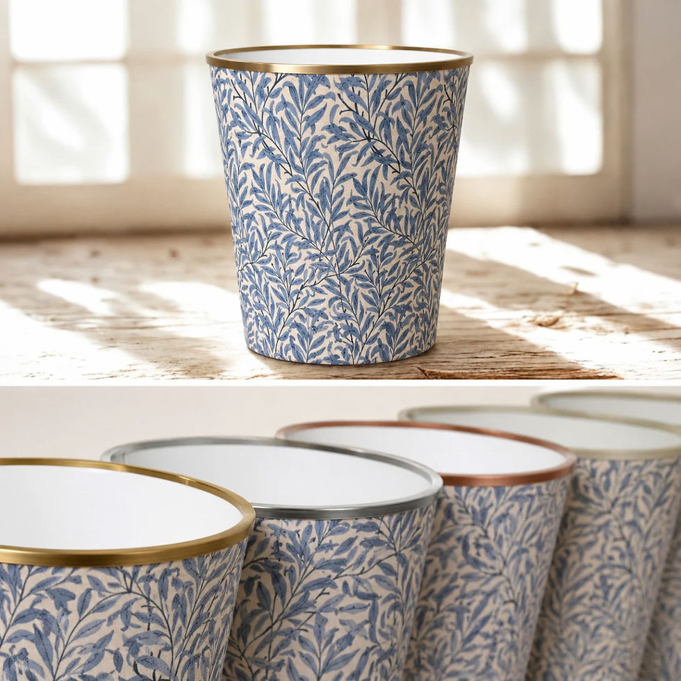 Thumbnail: william morris bough azure waste paper bin with gold trim, SILVER TRIM, COPPER TRIM, NO TRIM OPTION