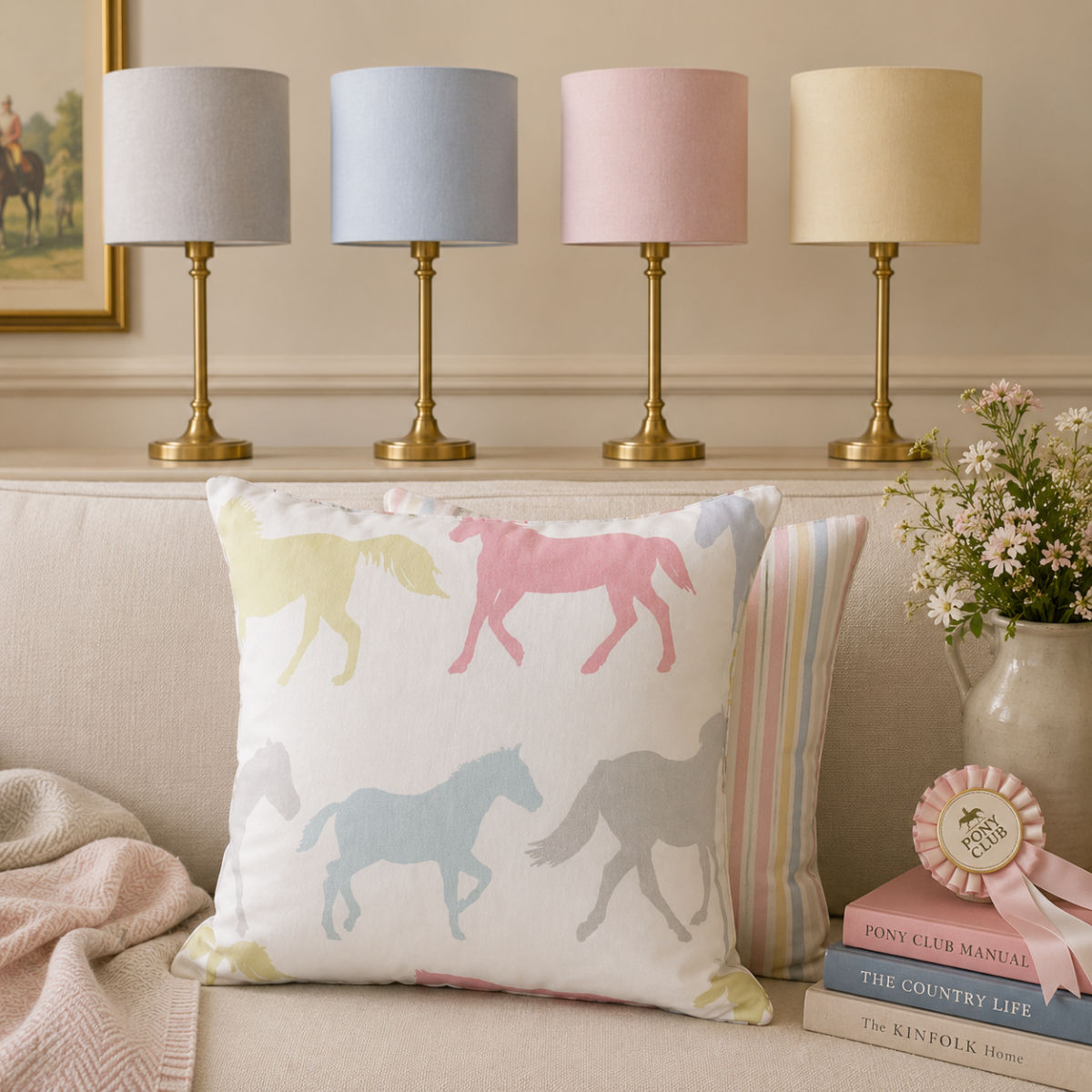 The Rosette Lampshade collection featuring Welsh Pony Grey, Stable Powder Blue, Lead Rein Pink and Paddock Primrose cotton
