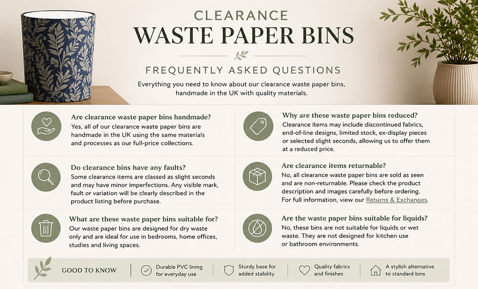 Clearance waste paper bins frequently asked questions explaining handmade quality, reduced prices, slight seconds, product condition, practical use and returns information for Berry and Grouse clearance waste paper bins