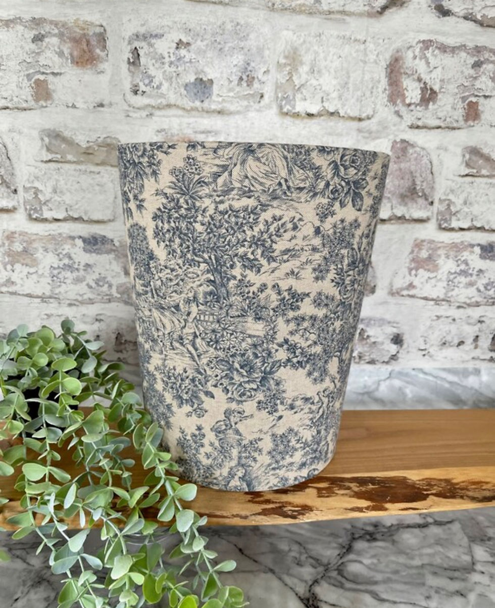 Thumbnail: zen toile in marine blue linen handmade waste paper bin with no trim