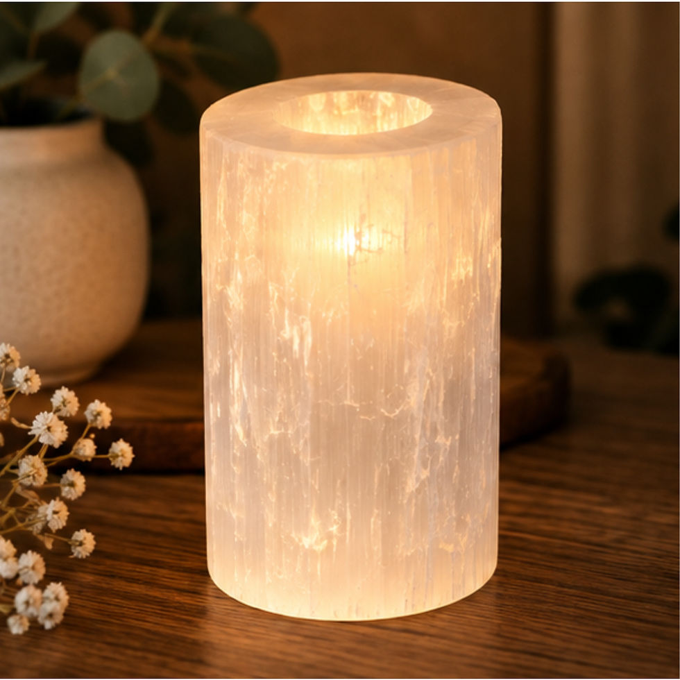 Natural white selenite cylinder candle holder 15 cm lit with a tea light candle showing the natural glow