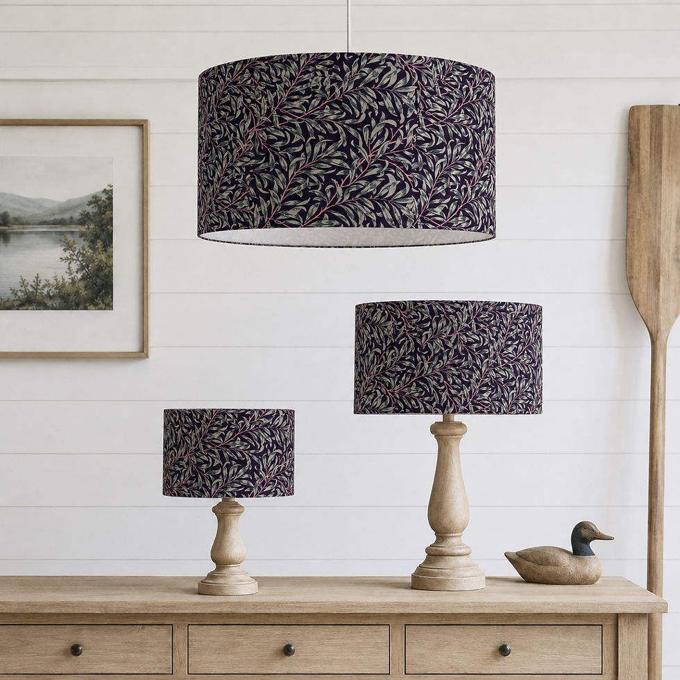 william morris willow bough damson plum purple drum lampshades set within the lakehouse