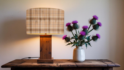 Balmoral Wild Oat Table drum Lampshade next to a vase of Scottish purple thistles