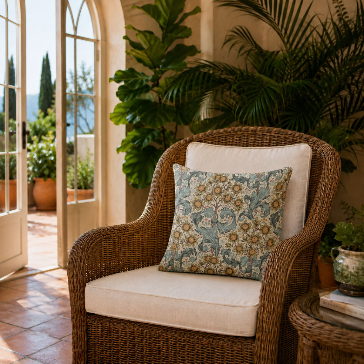 william morris orchid tourmaline scatter cushion on a wicker chair set in the orangery