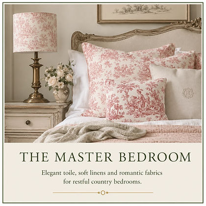 Berry & Grouse Master Bedroom estate room tile showing an elegant country bedroom with French toile lampshades, toile scatter cushions, soft bedding, antique bedside tables and romantic country-style fabrics.