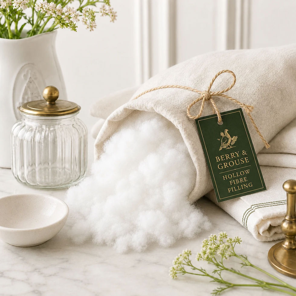 Soft hollow fibre filling spilling from a Berry & Grouse linen bag with branded green tag, folded linens, flowers and brass d