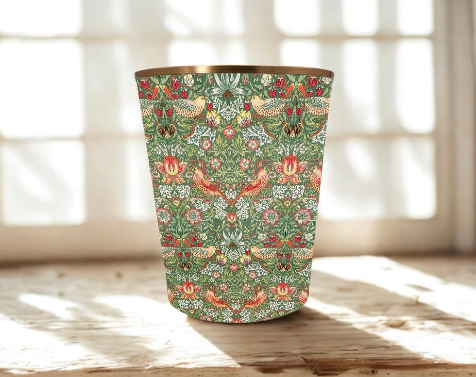 william morris strawberry thief sage waste paper bin with gold trim