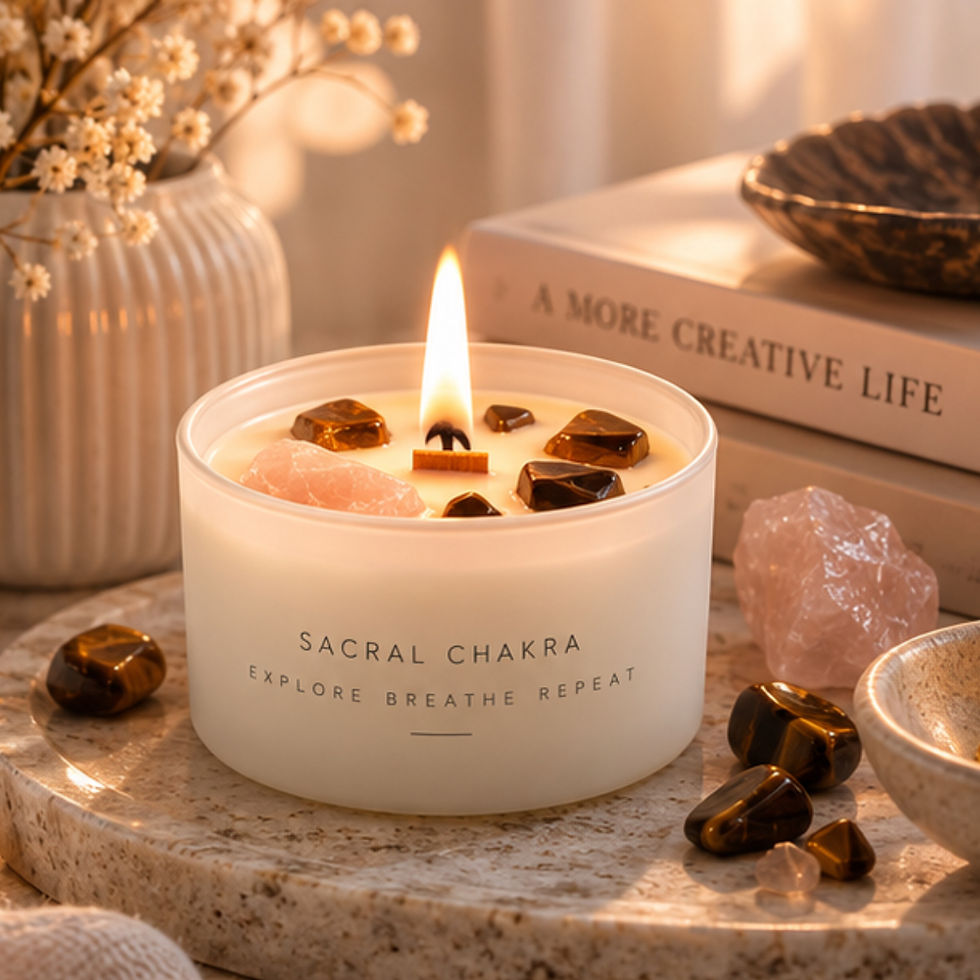 Sacral Chakra crystal candle with Tiger Eye and Rose Quartz crystals