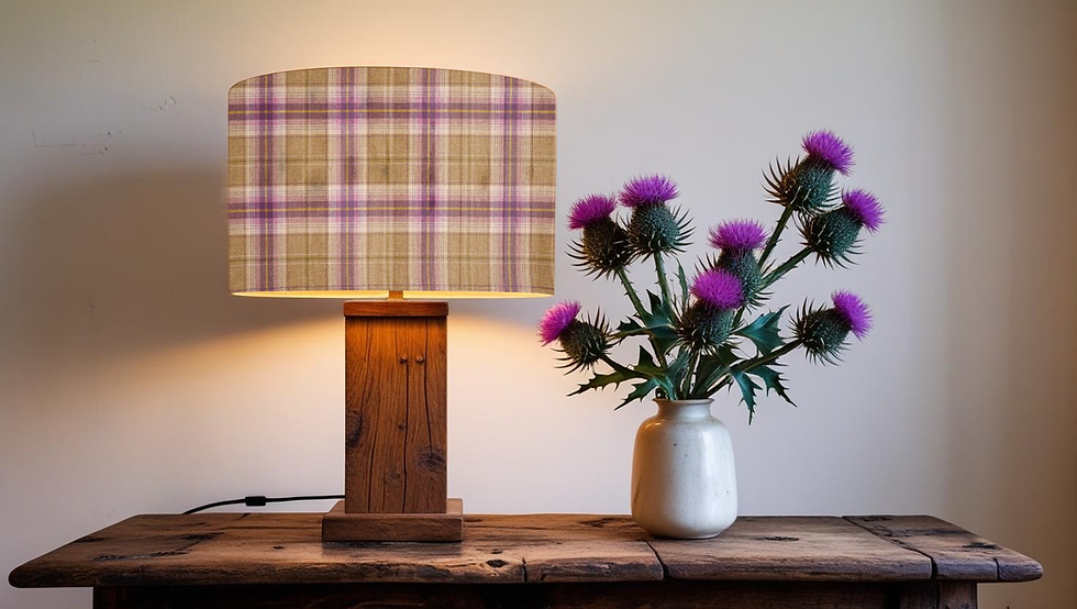 Thumbnail: balmoral highland wool in cassis table lampshade with purple Scottish thistles in vase