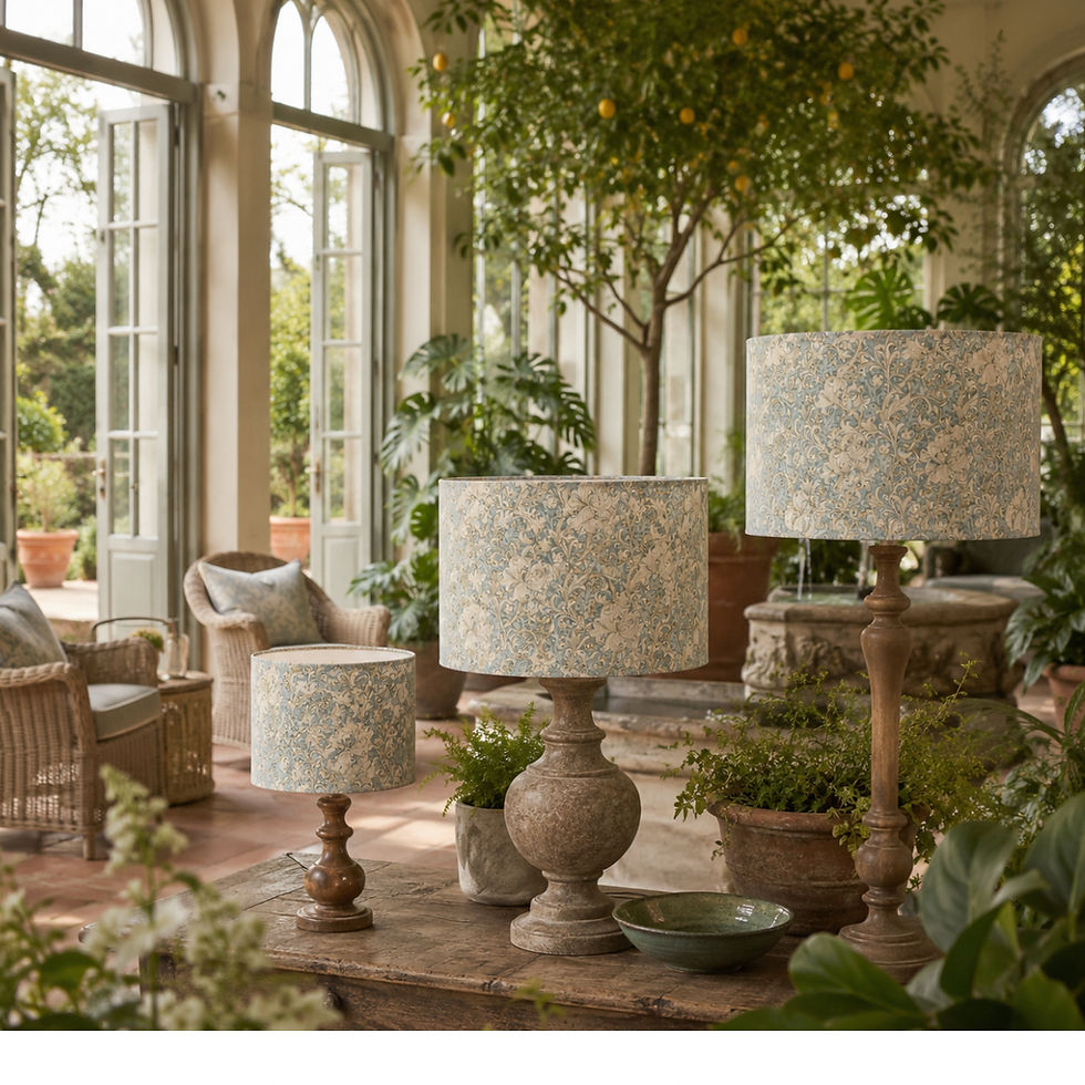 William Morris golden lily pool trio of lampshades in a variety of sizes 20cm, 30cm, 40cm drum lampshades