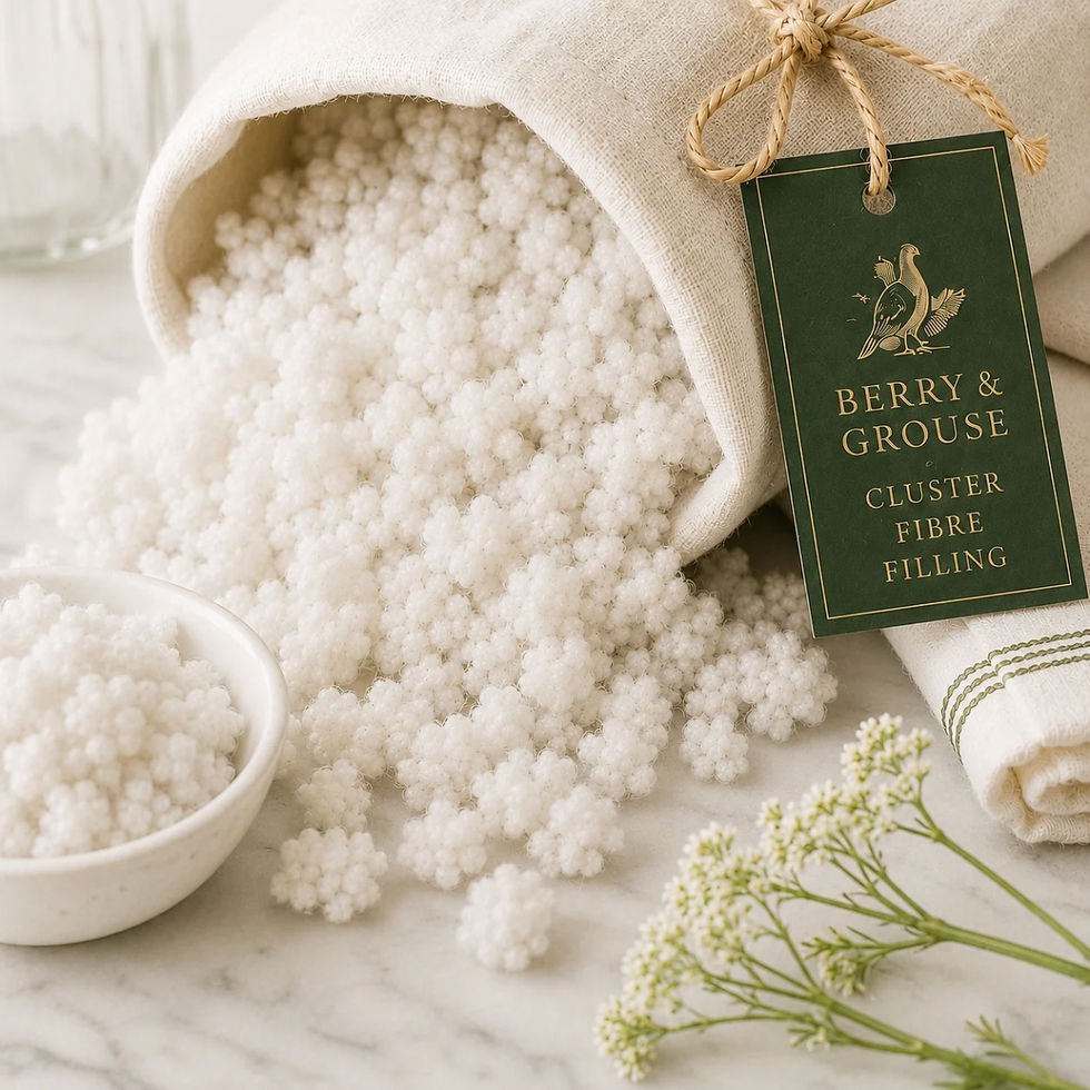 Close-up of cluster fibre filling spilling from a linen bag with Berry & Grouse Cluster Fibre Filling tag and ceramic dish.