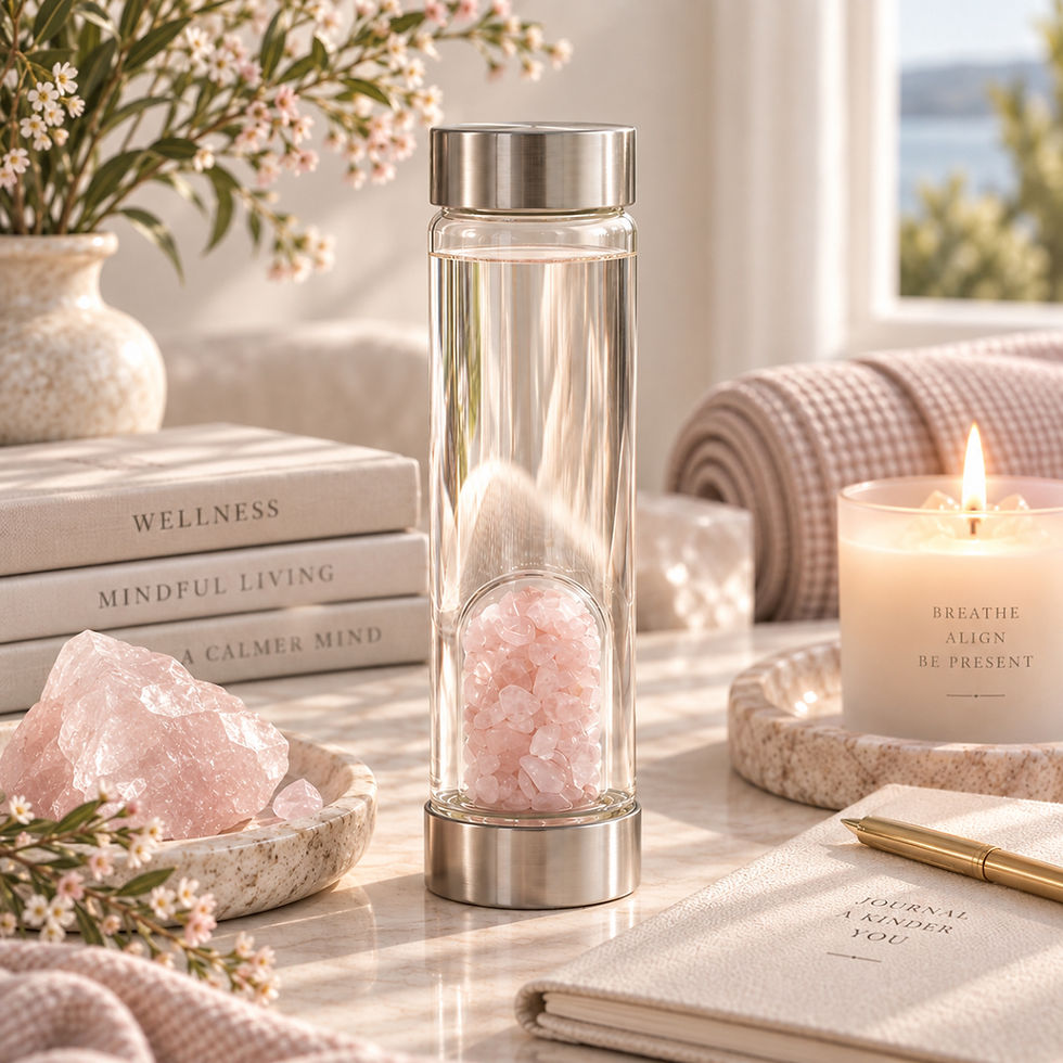 Rose Quartz crystal water bottle 500ml with natural crystal chips styled with coordinating crystals and candle