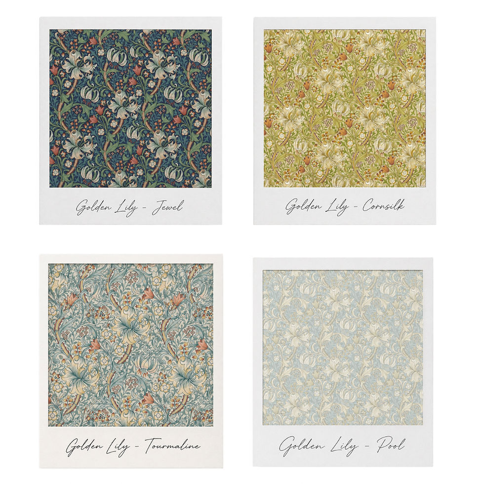 William Morris Golden Lily fabrics in Cornsilk, jewel tourmaline, pool