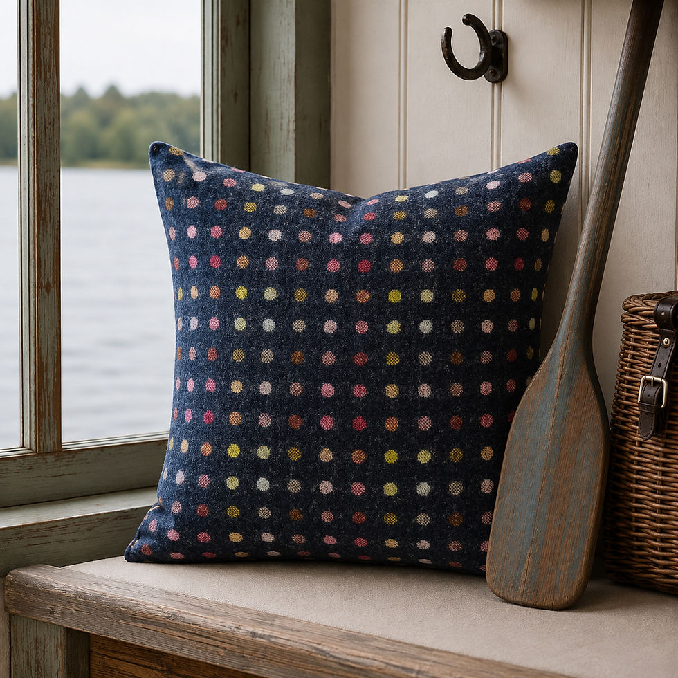 Abraham Moon Polka dots 18" scatter cushion in navy blue and multi coloured dots