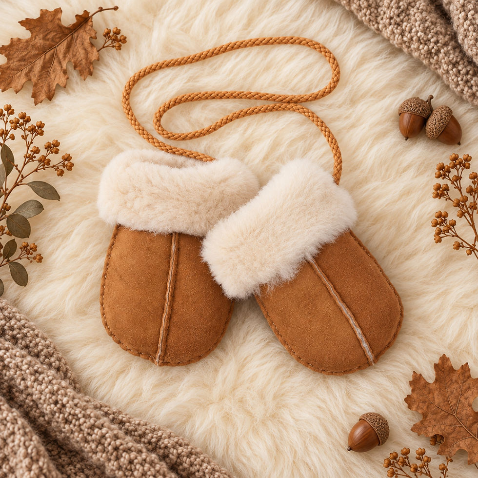 Tan children’s sheepskin mittens with ivory fleece cuffs and cord tie, styled on an ivory sheepskin with autumn leaves acorn
