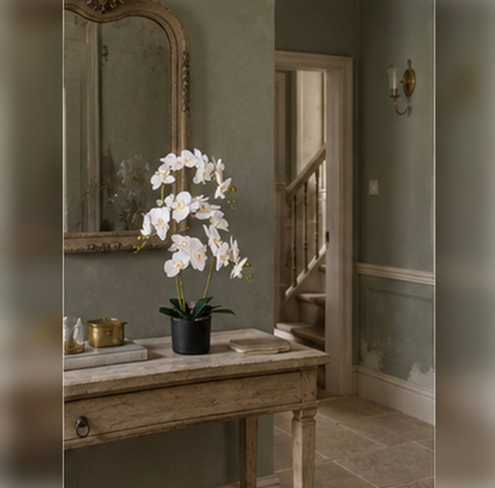 Thumbnail: Soft white artificial orchid styled on a country-house console table in a hallway