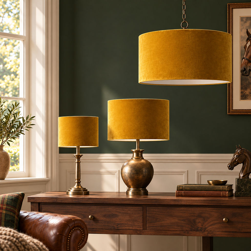Antique Gold House Velvet drum lampshades on a pendant and table lamps against a deep green Tack Room wall
