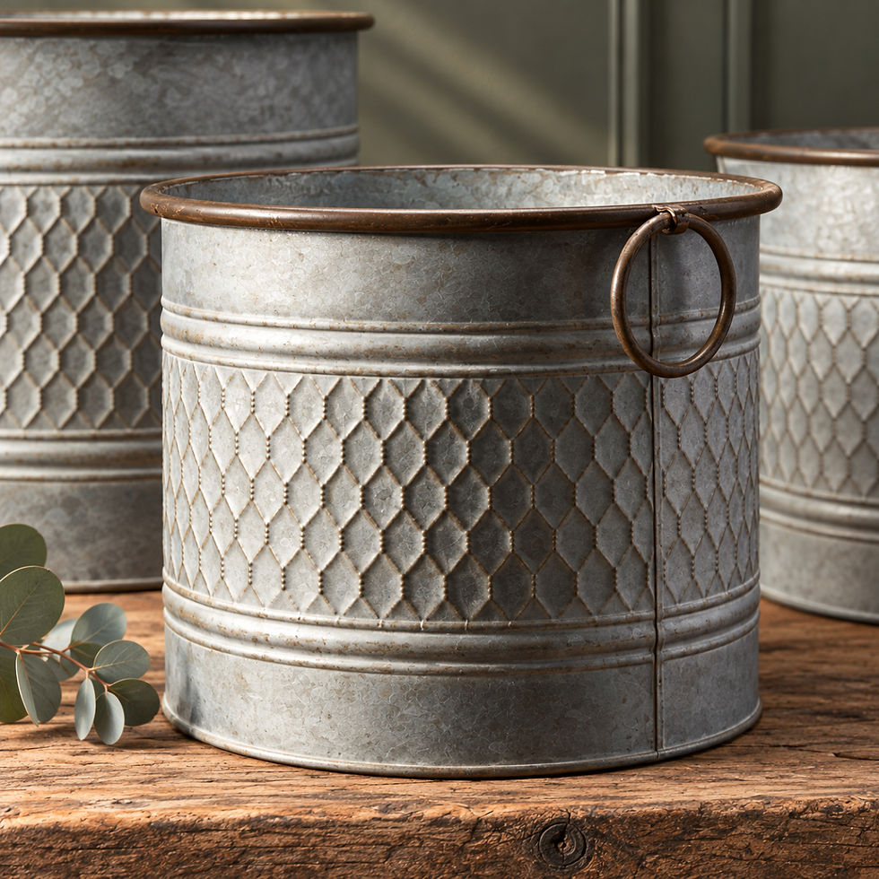 Thumbnail: Close-up of antique ring handle and weathered zinc finish on garden planter