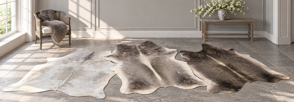 Three grey cowhide rugs layered on a sunlit flagstone floor, with a rattan chair, Pewter sheepskin fleece and white blossoms.