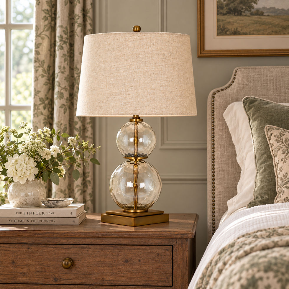 Savoy clear glass and gold table lamp styled beside a country house bed