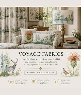 Voyage Fabrics collection tile showing hand-painted wildlife and botanical country fabrics on lampshades, cushions and homewares for The Parkland.