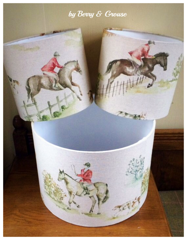 Thumbnail: voyage horse & hound lampshade country side hunting fox hounds jumping horse hunt berry and grouse hand made lampshade linen
