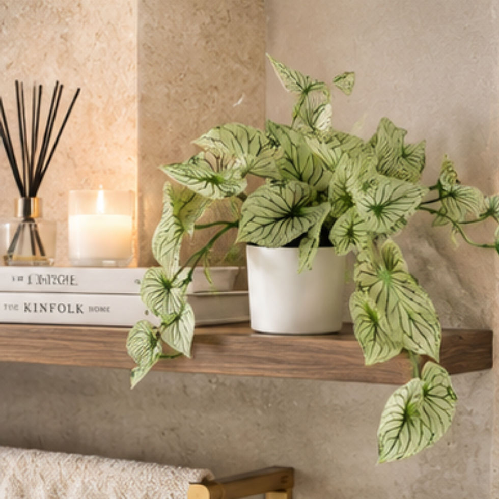 Artificial trailing Alocasia plant styled on a console in a high-end home interior