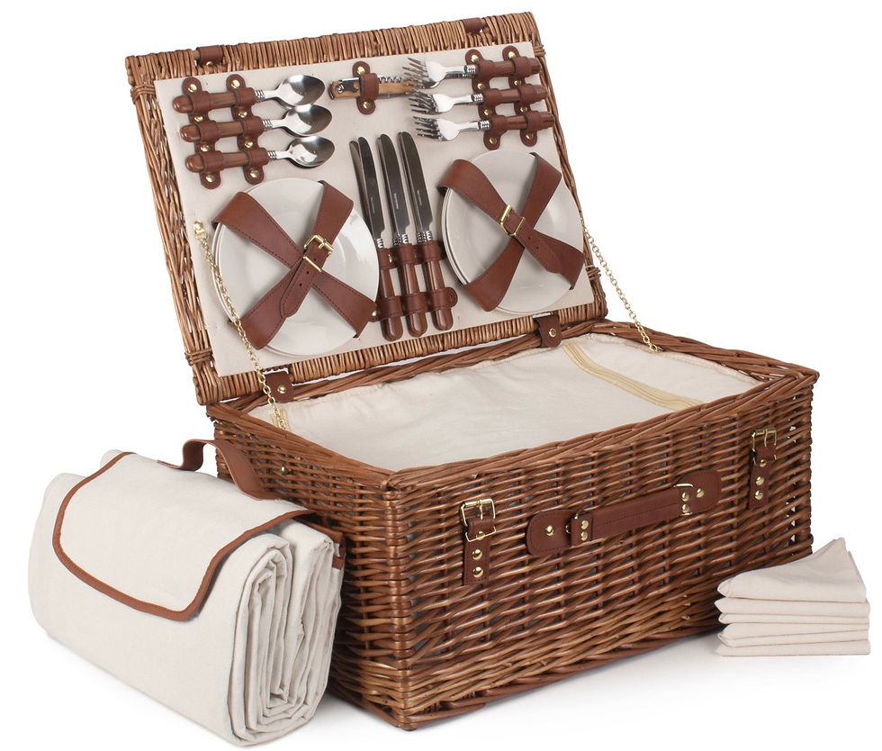 luxury white classic picnic hamper family wicker brown leather picnic blanket knives forks plates glasses chiller outdoor