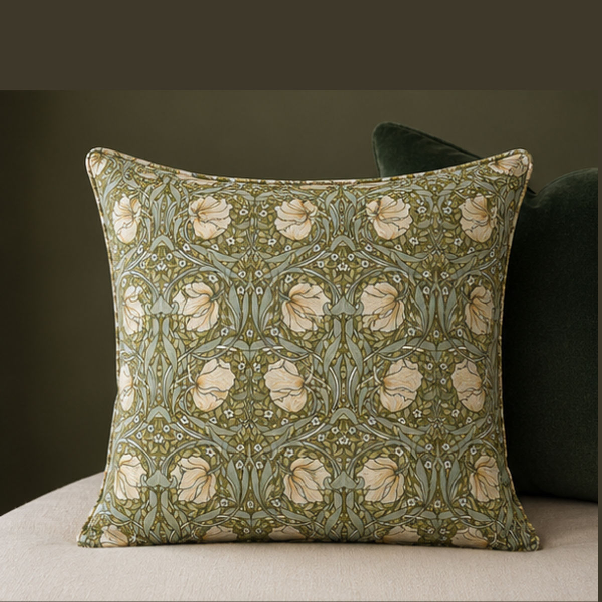 william morris pimpernel green cream scatter cushion 16" piped and unpiped option