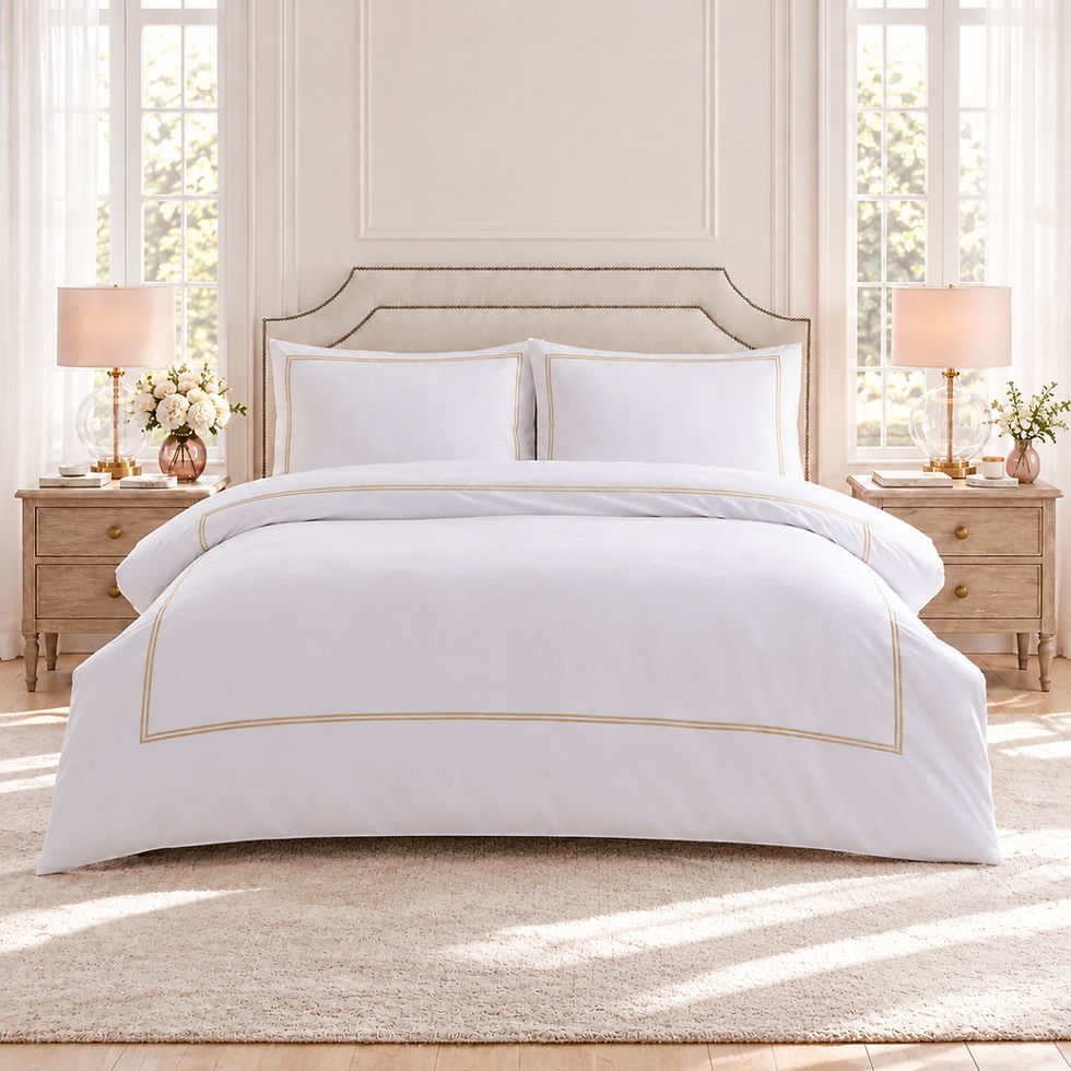 Luxury white duvet cover set with champagne piping styled in a bright contemporary heritage master bedroom