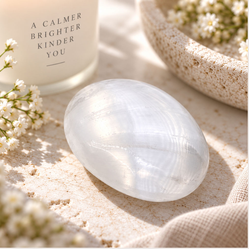 Natural white selenite palm stone approx. 6.5 cm styled on a linen tablecloth with candle