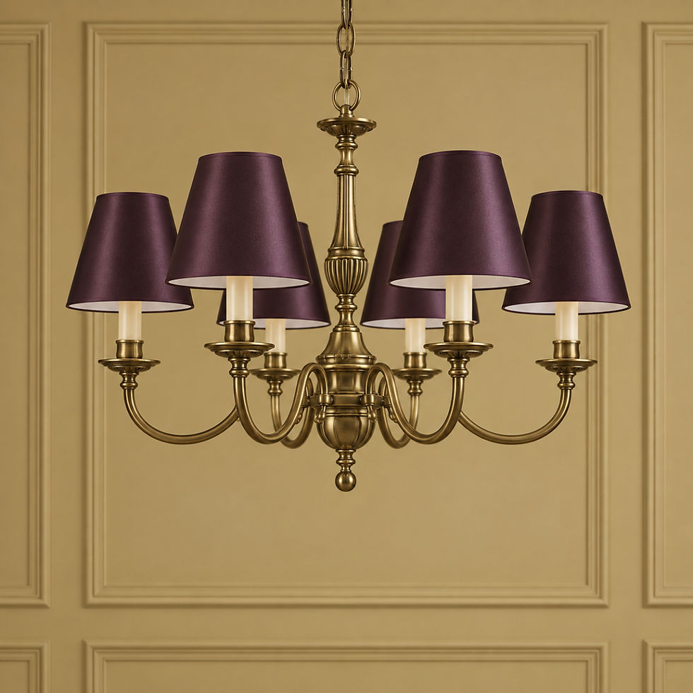Thumbnail: Candle clip set: Aubergine silky satin candle clip lampshades on classic brass light fittings by Berry & Grouse.