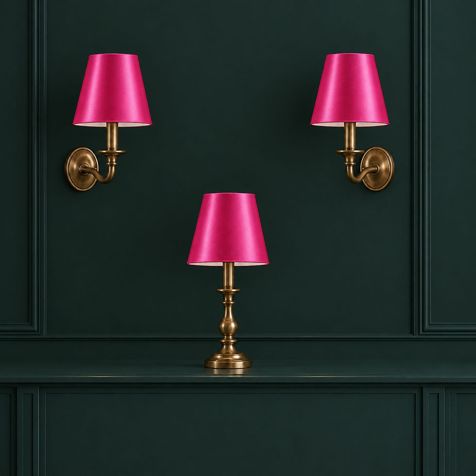 Candle clip set: Fuchsia silky satin candle clip lampshades on classic brass light fittings by Berry & Grouse.