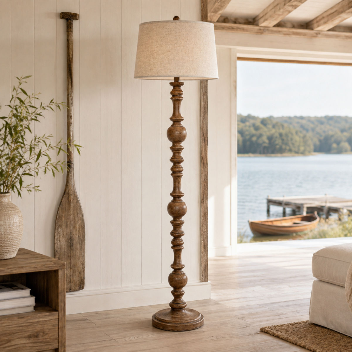 Seraphia Coast House Floor Lamp with a timber-toned base and edged linen shade.