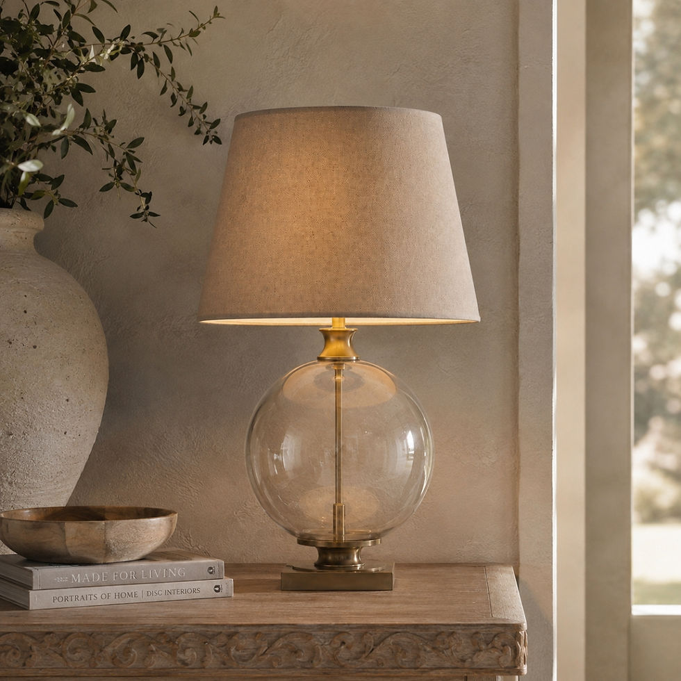 Lunel clear glass orb table lamp with brass-toned fittings and edged linen shade.
