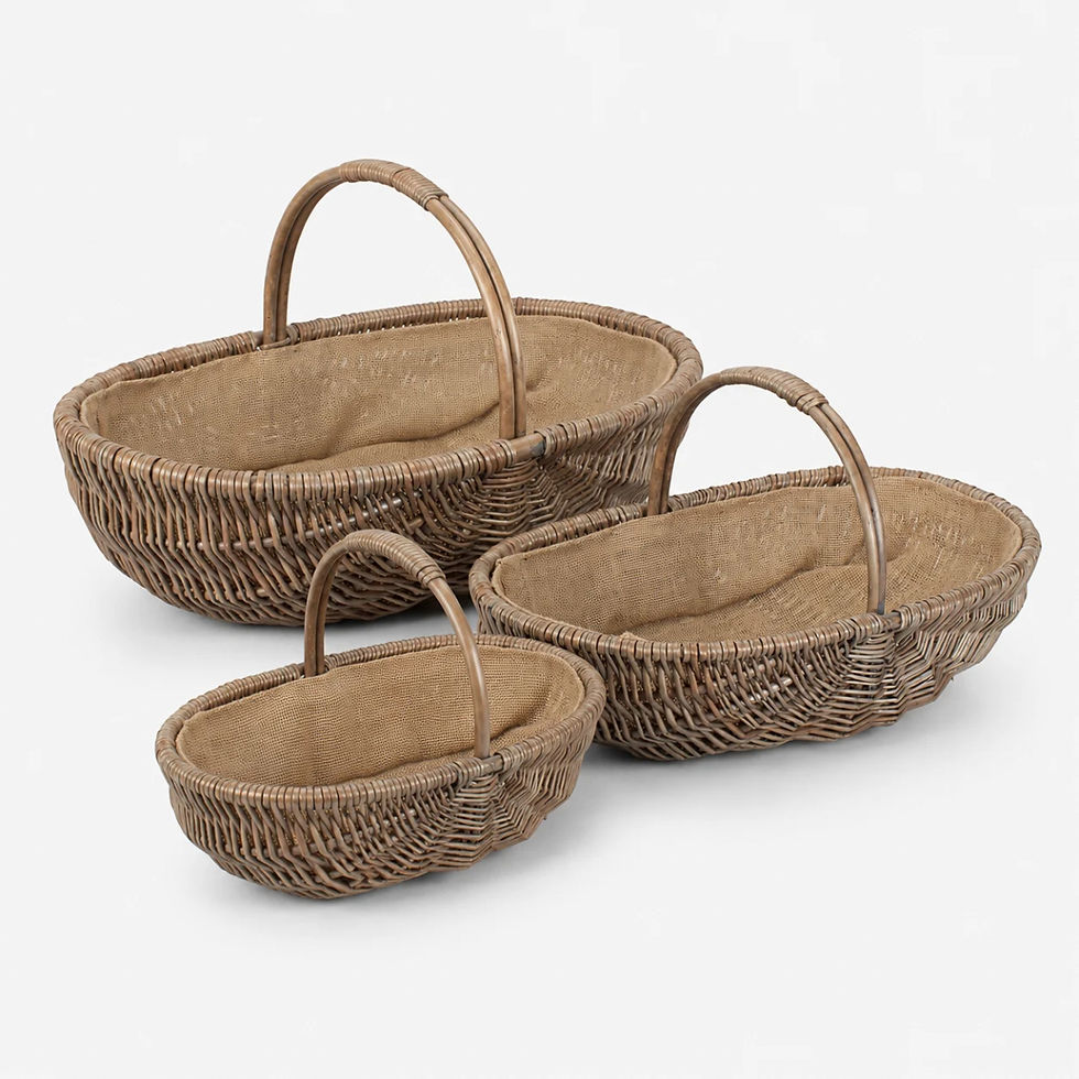 Thumbnail: Antique wash willow lined trug with hessian lining displayed on a plain background and styled with fresh flowers