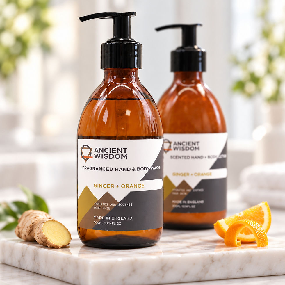 Close-up of Ancient Wisdom Ginger and Orange hand and body wash with matching body lotion softly blurred behind,
