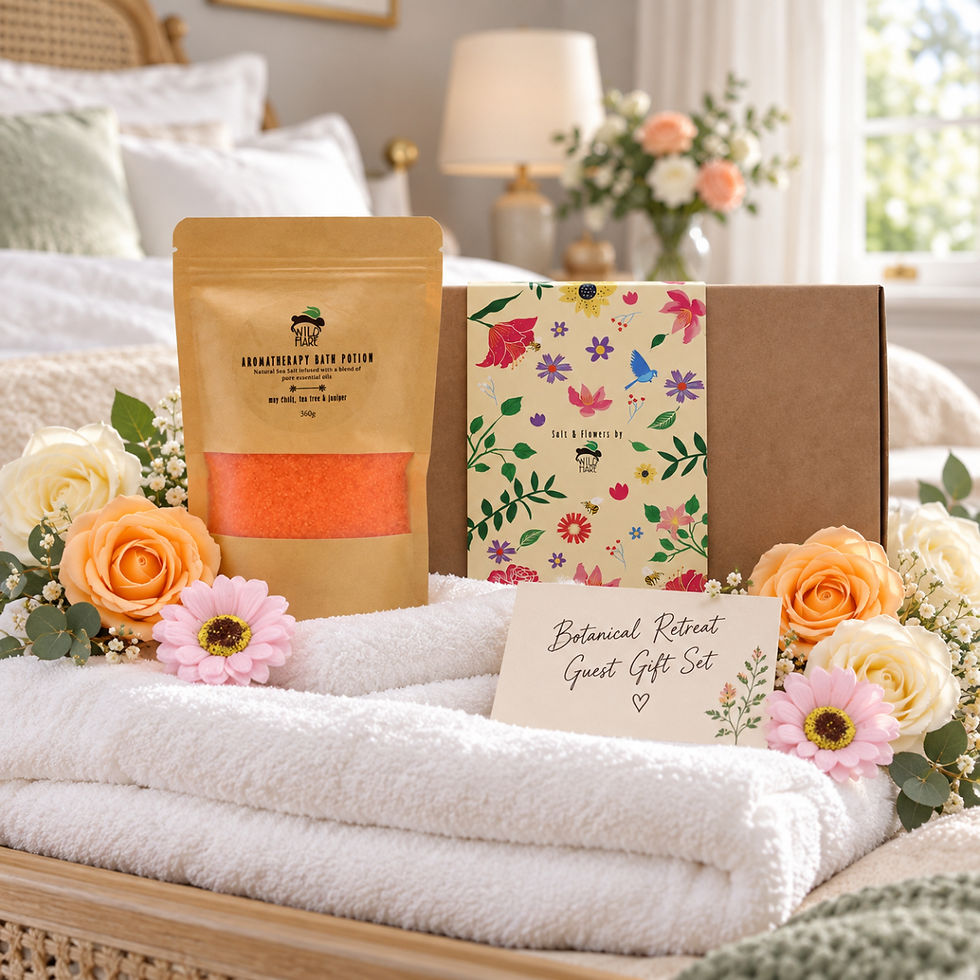 Botanical Retreat Guest Gift Set with floral bath salts, gift box and handwritten note styled on fluffy white hotel towels