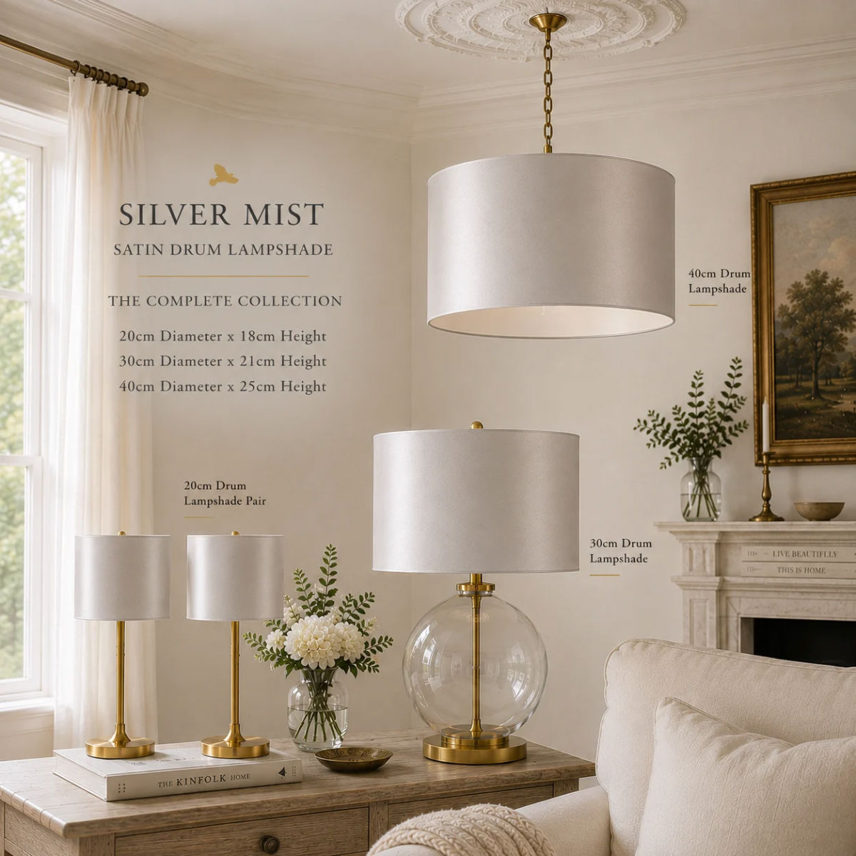 Silver Mist satin drum lampshade collection showing a pair of 20cm shades, one 30cm table lampshade and one 40cm ceiling shad