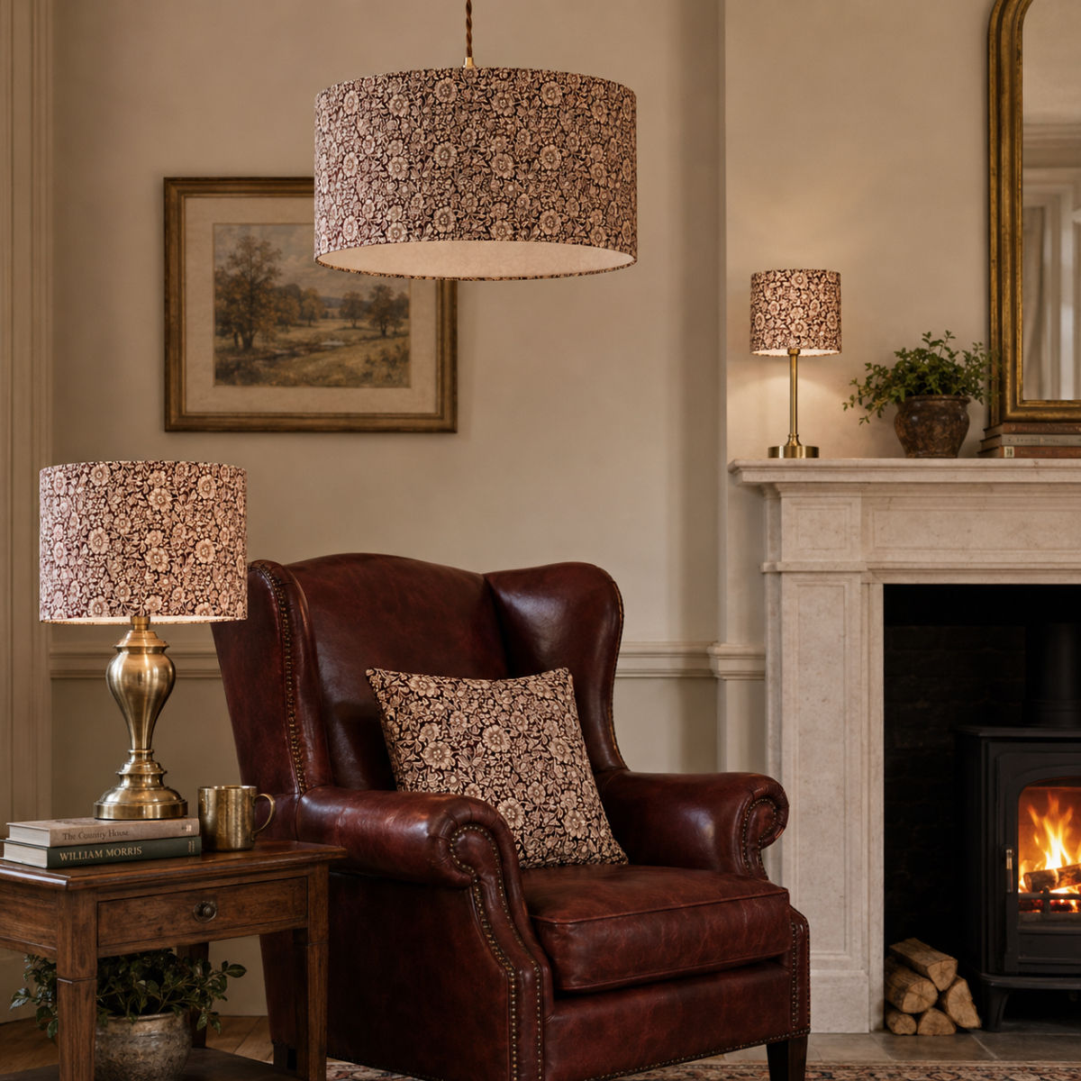william morris mallow wine lampshade collection featuring 20cm drum, 30cm drum and 40cm drum ceiling and table lampshades