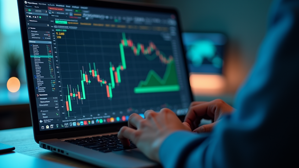 Eye-level view of a trader analyzing algorithmic trading performance on a laptop