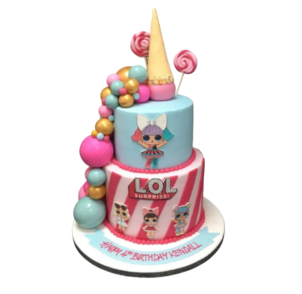 A vibrant and colourful Lol Doll Surprise cake with a ball shower decoration, perfect for a fun and whimsical celebration.