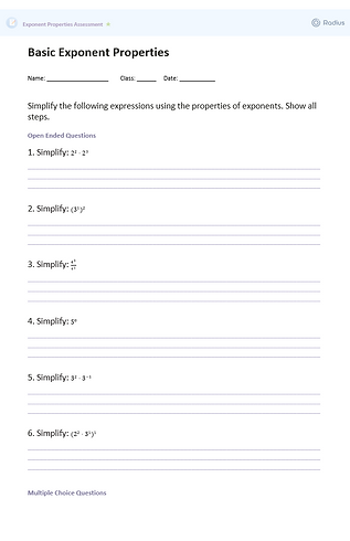 Exponent Properties Assessment Worksheet - Easy