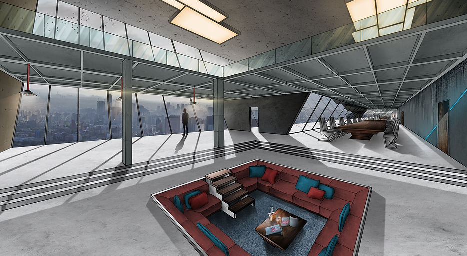 Visual interior, the wicked + the divine, modern, meeting room, sucken living room, photoshop, hand drawn