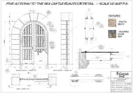 The Famous Five: Five Go Down to the Sea: Exterior Castle door detail, hand drawn technical drawing